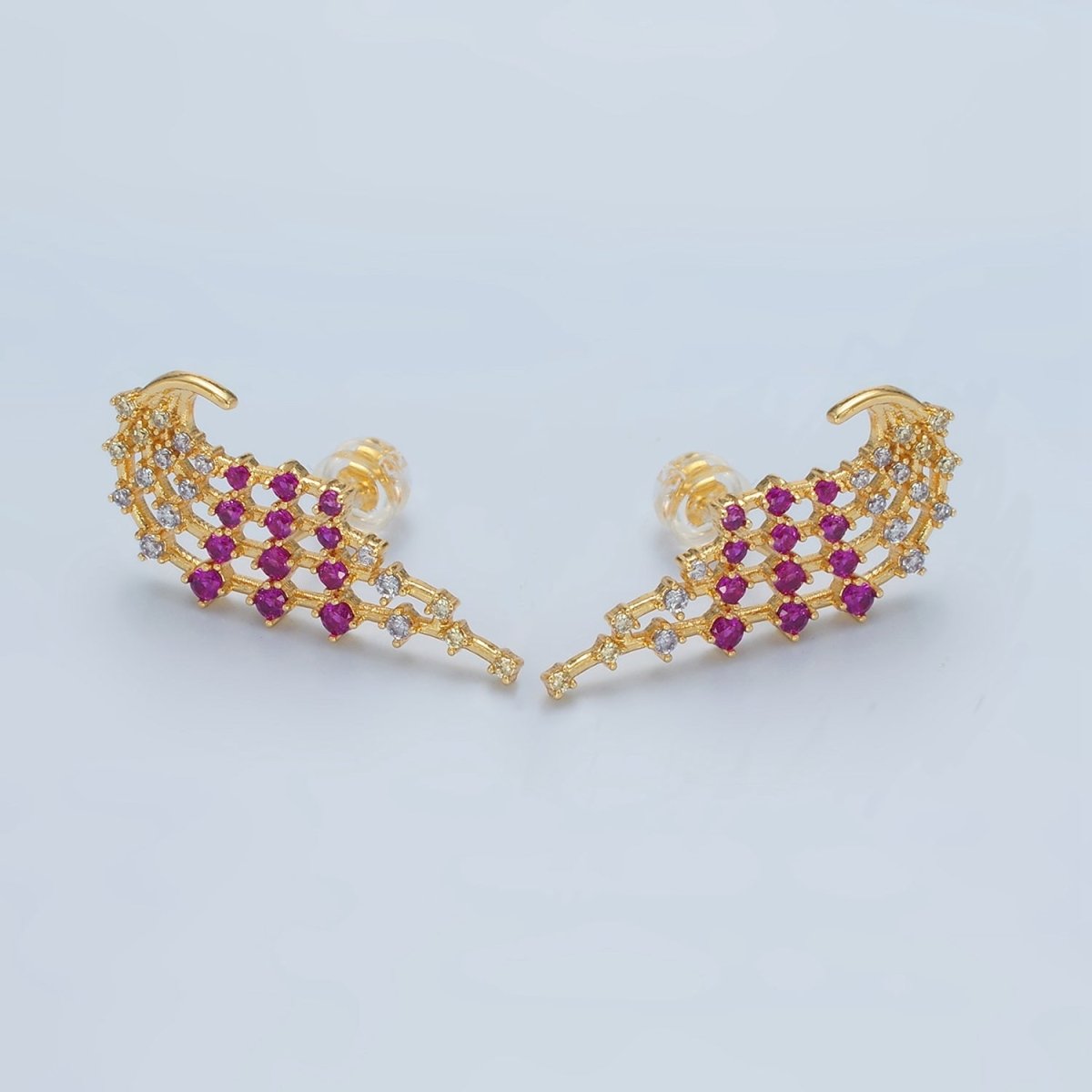 24K Gold Filled Fuchsia Clear CZ Multiple Curved Band Stud Earrings Set | AD737