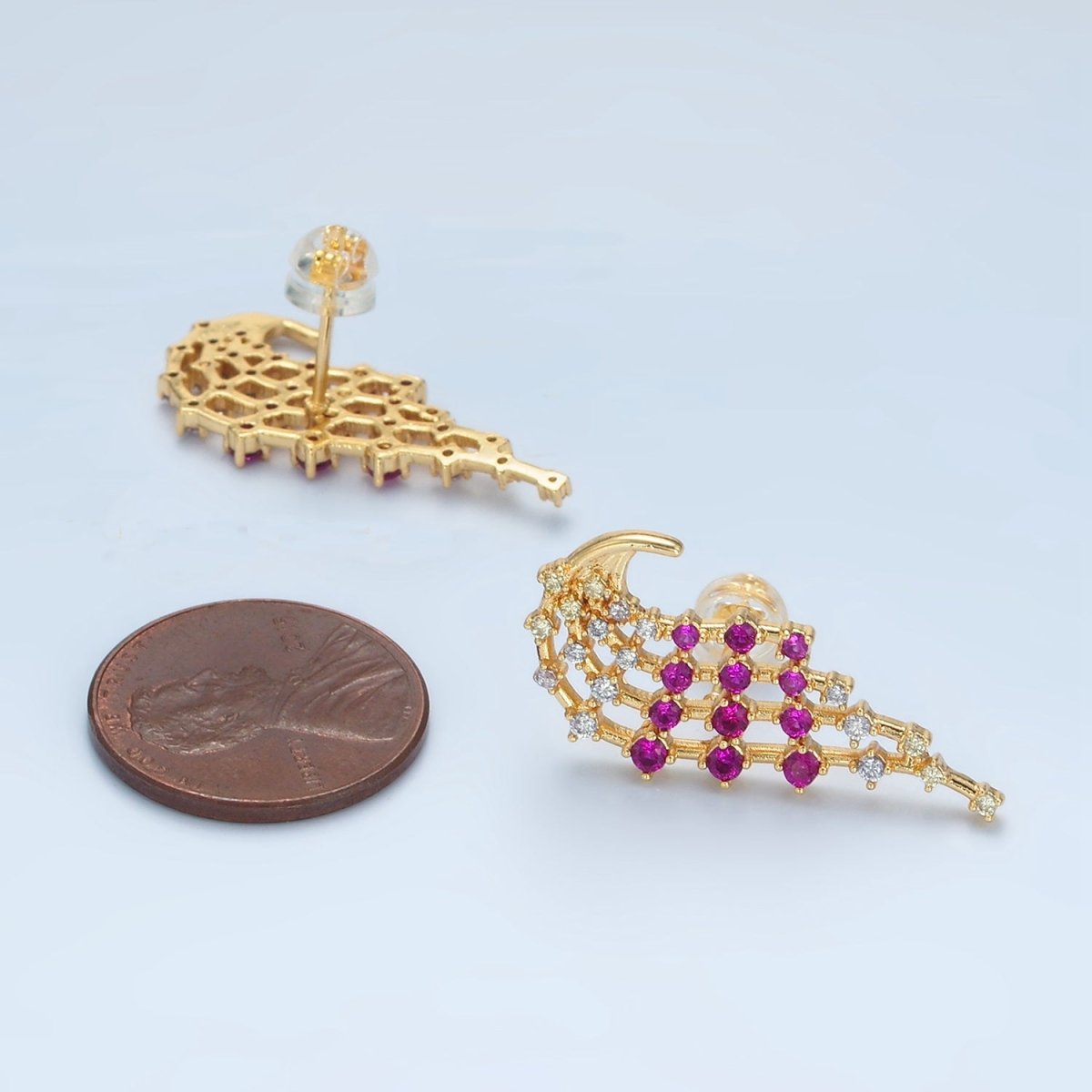 24K Gold Filled Fuchsia Clear CZ Multiple Curved Band Stud Earrings Set | AD737
