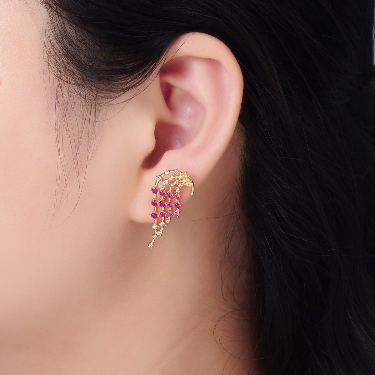 24K Gold Filled Fuchsia Clear CZ Multiple Curved Band Stud Earrings Set | AD737