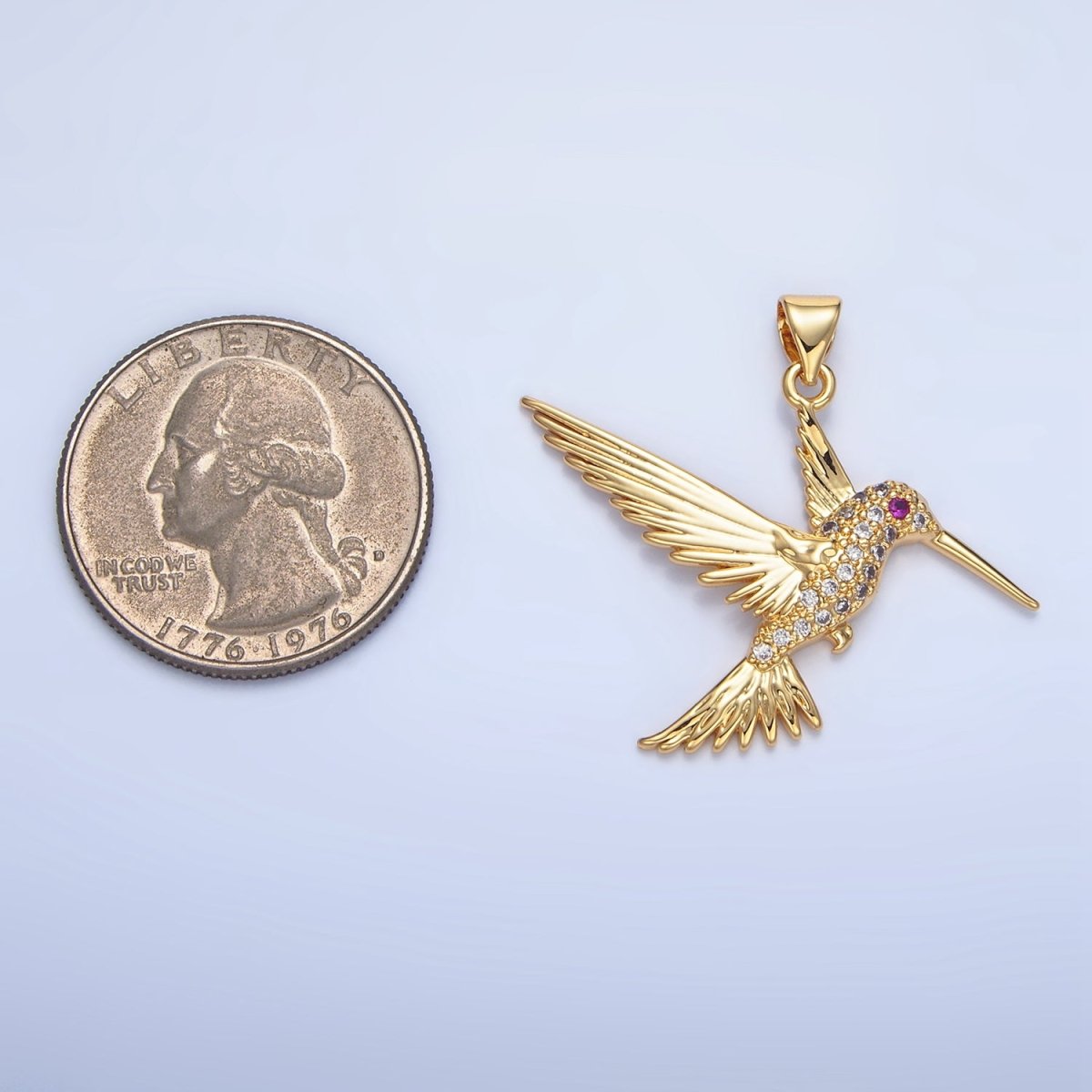 24K Gold Filled Fuchsia Eyed Micro Paved CZ Hummingbird Animal Pendant | AA782