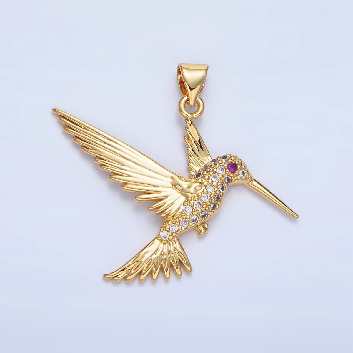 24K Gold Filled Fuchsia Eyed Micro Paved CZ Hummingbird Animal Pendant | AA782