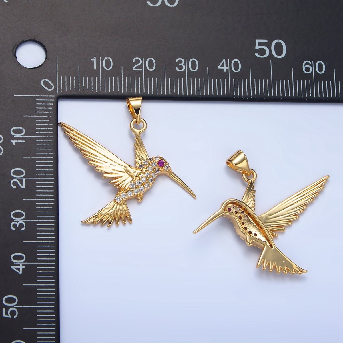 24K Gold Filled Fuchsia Eyed Micro Paved CZ Hummingbird Animal Pendant | AA782