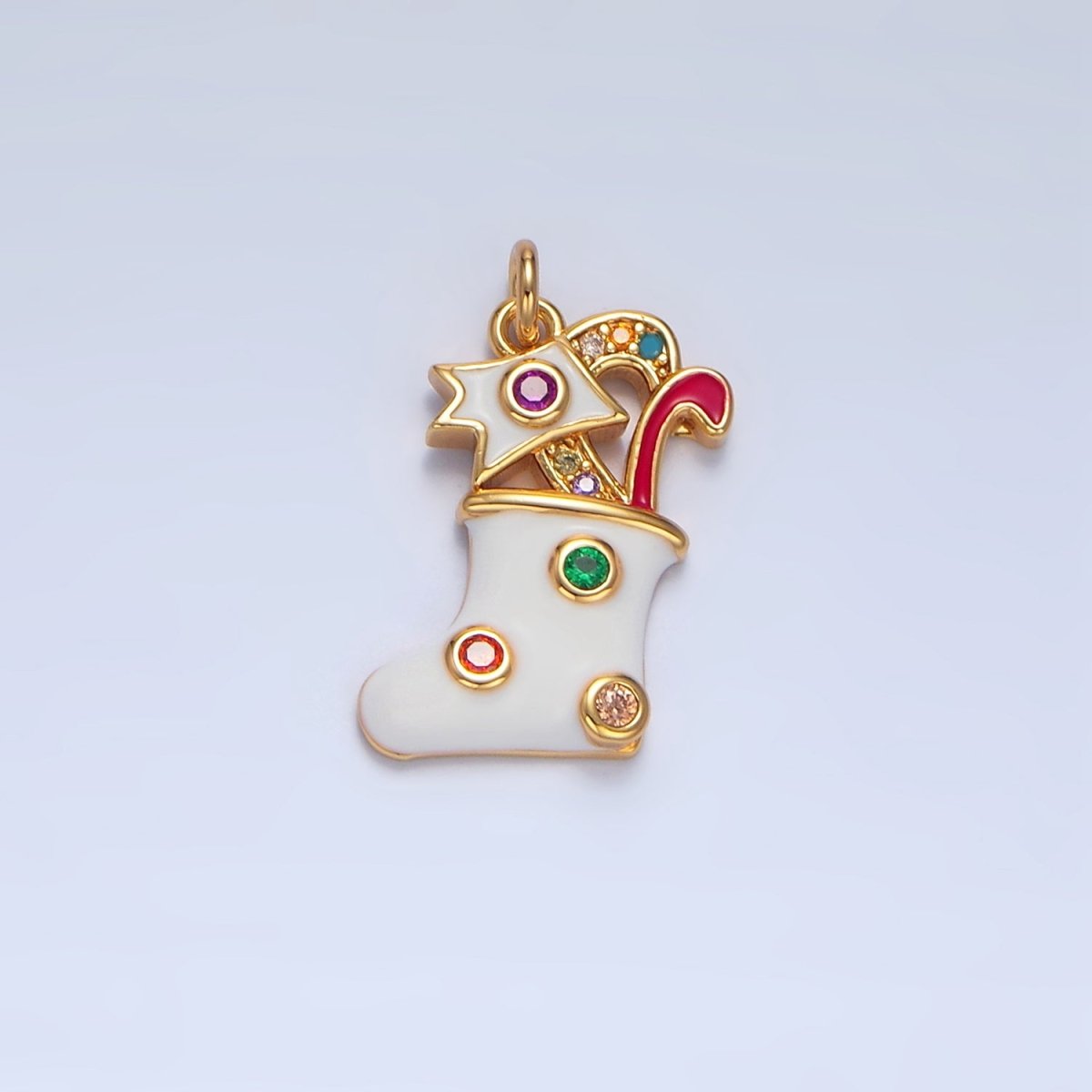 24K Gold Filled Fuchsia, Green CZ Dotted White Enamel Christmas Stocking Sock Charm | X622