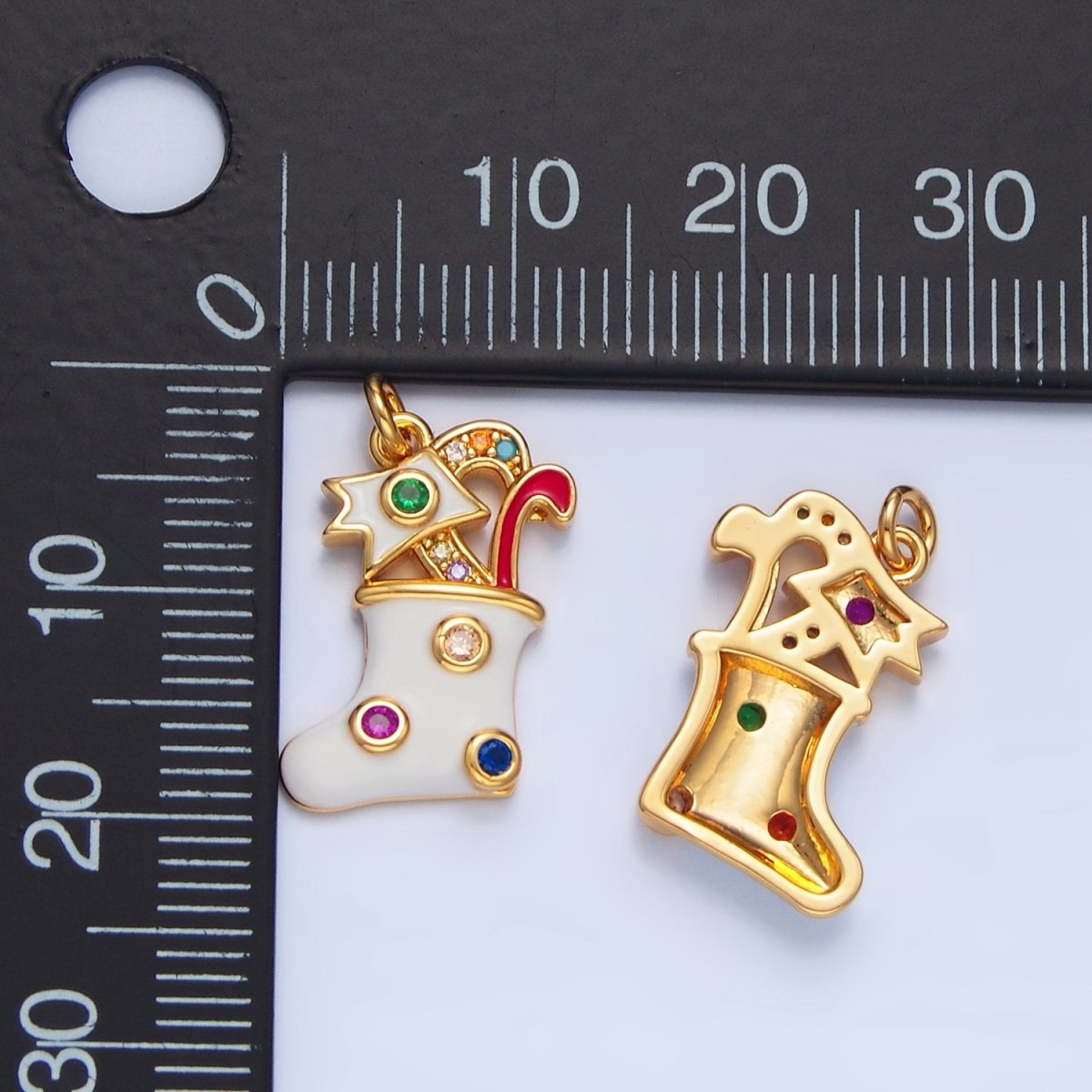 24K Gold Filled Fuchsia, Green CZ Dotted White Enamel Christmas Stocking Sock Charm | X622