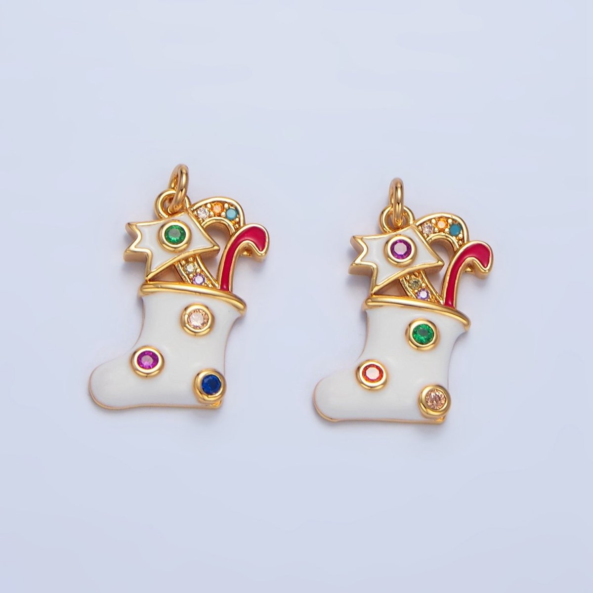 24K Gold Filled Fuchsia, Green CZ Dotted White Enamel Christmas Stocking Sock Charm | X622