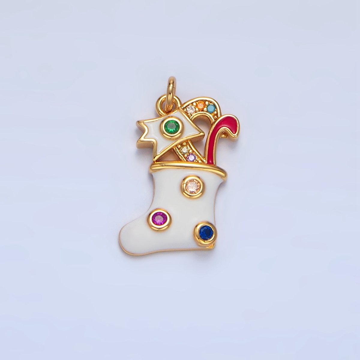 24K Gold Filled Fuchsia, Green CZ Dotted White Enamel Christmas Stocking Sock Charm | X622