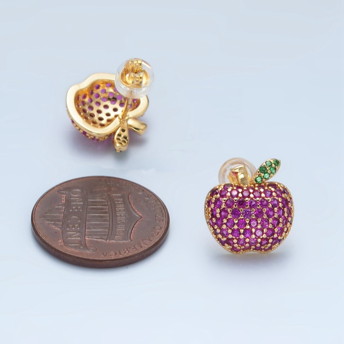 24k Gold Filled Fuchsia Micro Paved CZ Apple Fruit Stud Earrings | AD743