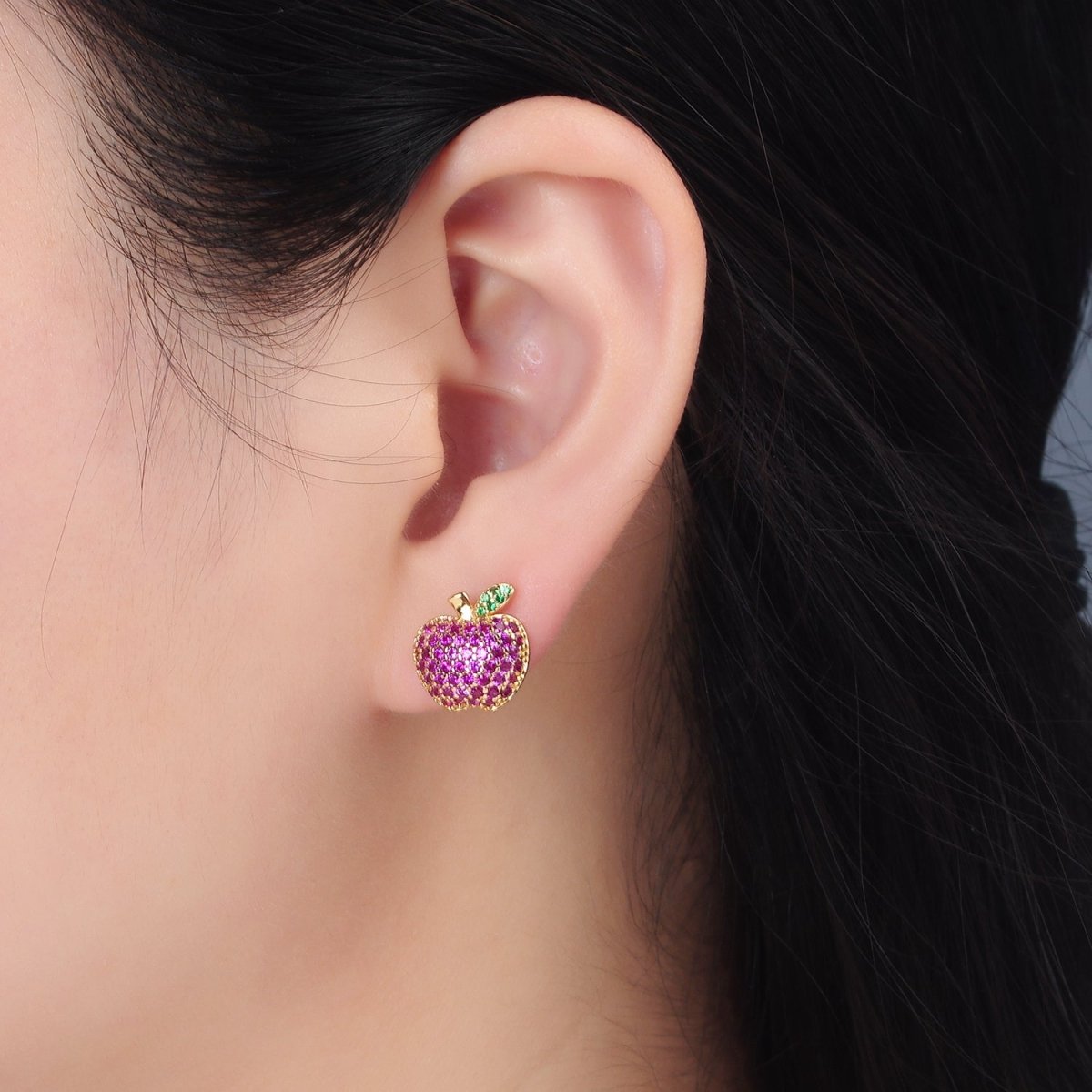 24k Gold Filled Fuchsia Micro Paved CZ Apple Fruit Stud Earrings | AD743