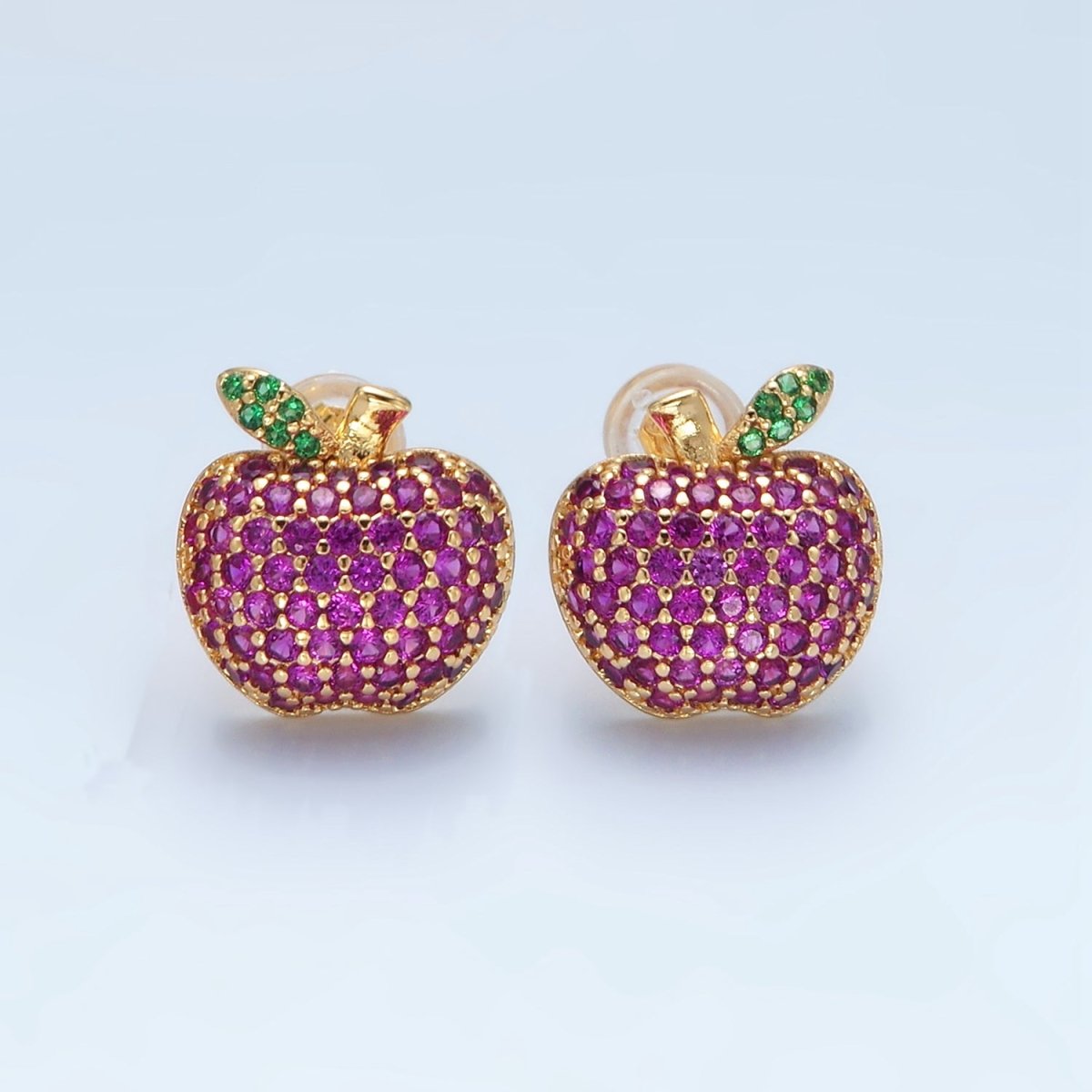 24k Gold Filled Fuchsia Micro Paved CZ Apple Fruit Stud Earrings | AD743