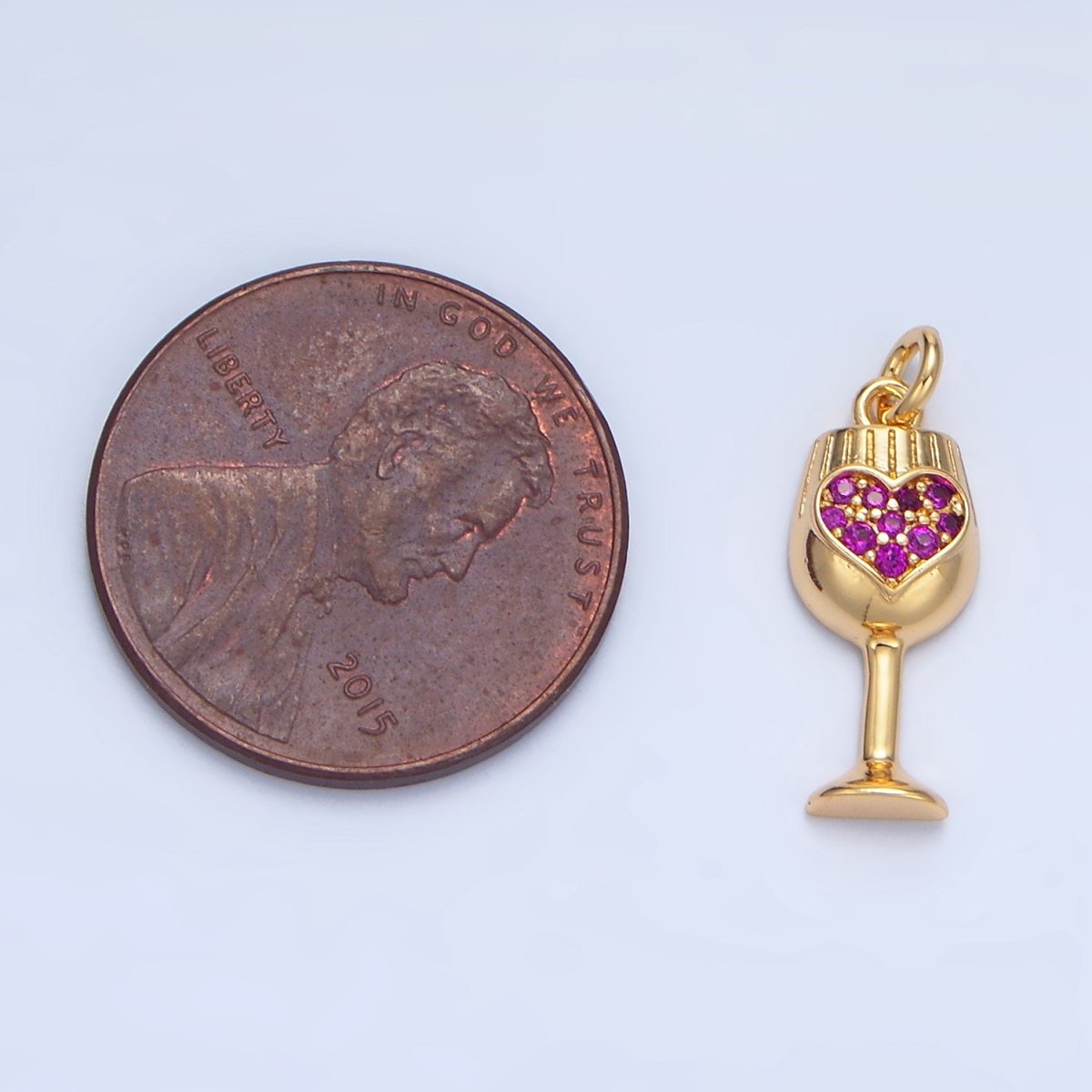 24K Gold Filled Fuchsia Micro Paved CZ Heart Wine Glass Alcohol Drink Charm | X844