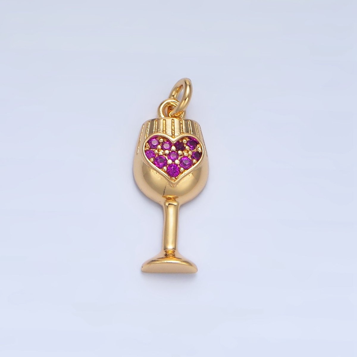 24K Gold Filled Fuchsia Micro Paved CZ Heart Wine Glass Alcohol Drink Charm | X844