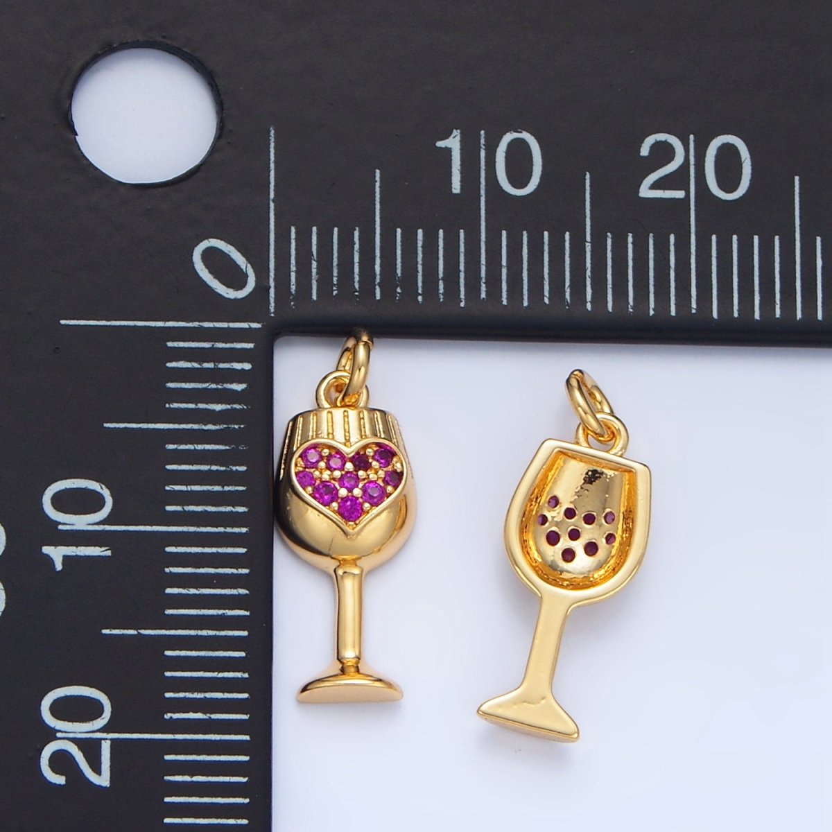 24K Gold Filled Fuchsia Micro Paved CZ Heart Wine Glass Alcohol Drink Charm | X844