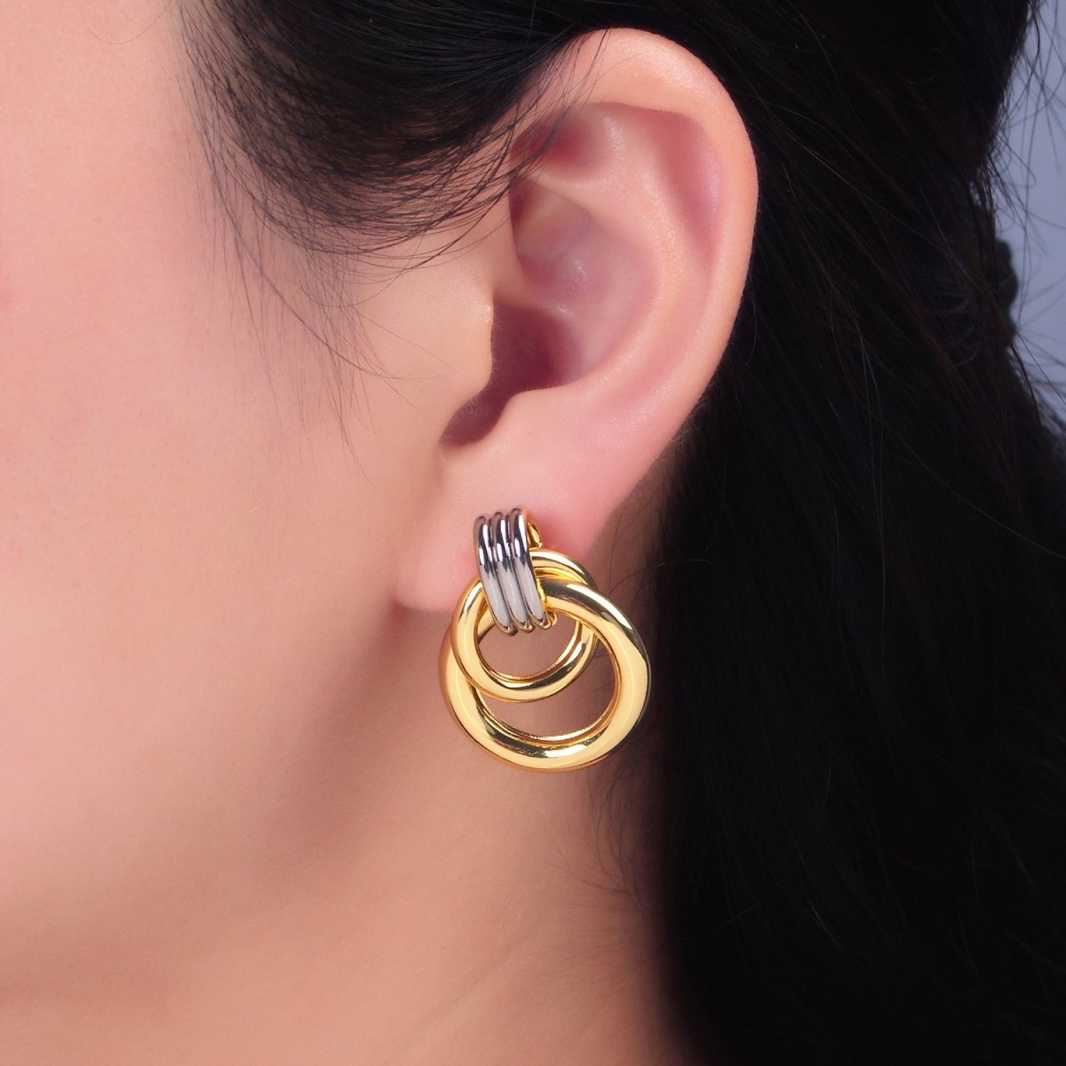 24K Gold Filled Geometric Circular Stud Earrings in Mixed Metal | V249