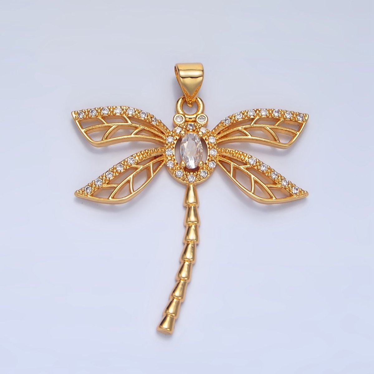 24K Gold Filled Geometric Dragonfly Insect Micro Paved CZ Pendant | AA140