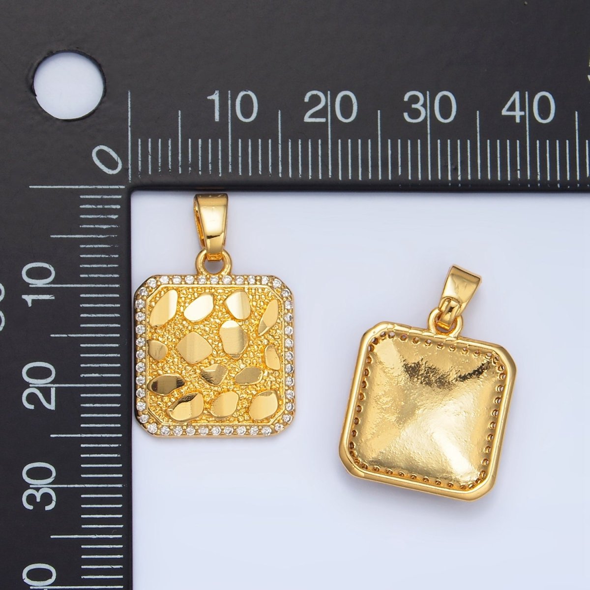24K Gold Filled Geometric Edged Textured Micro Paved CZ Square Pendant | AA945