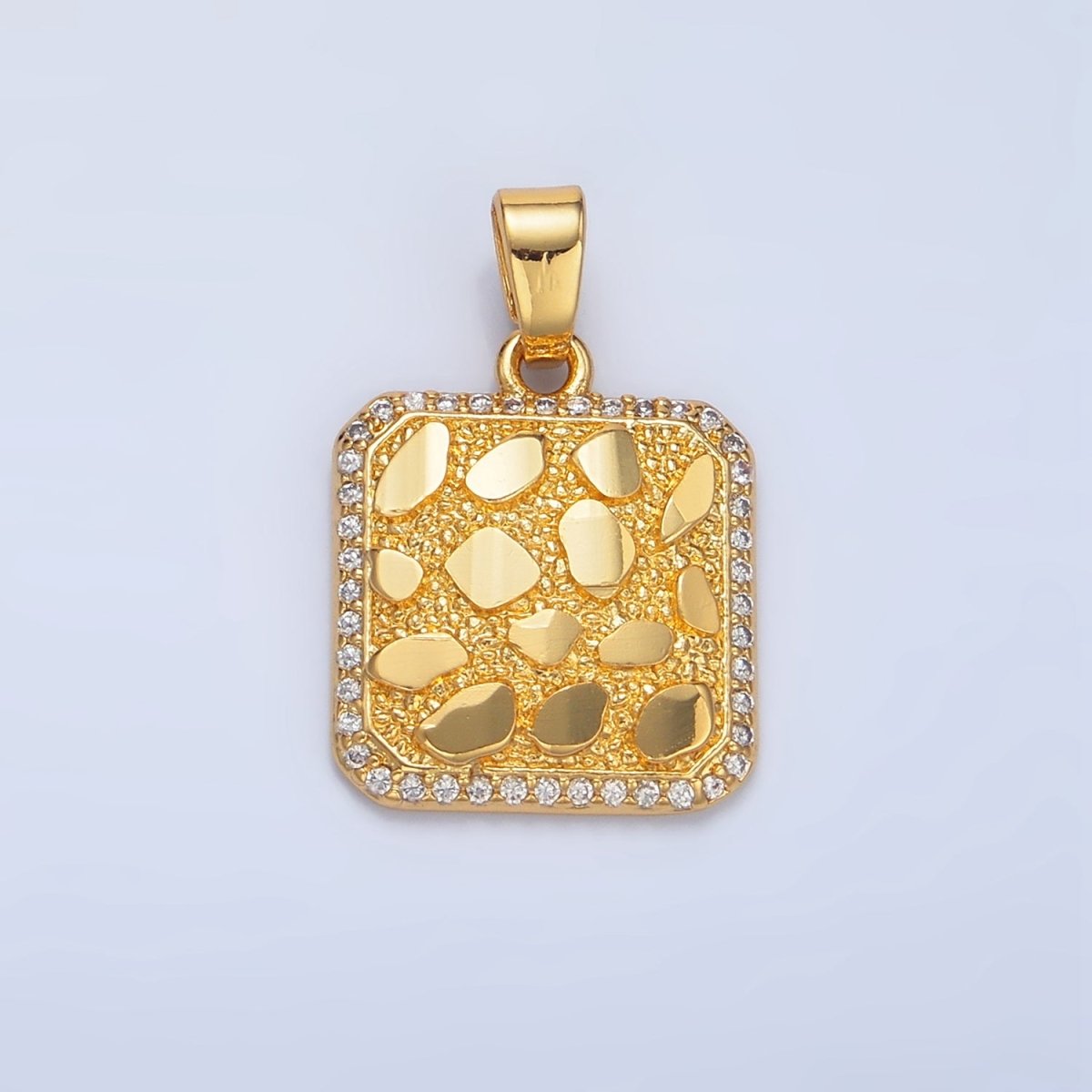 24K Gold Filled Geometric Edged Textured Micro Paved CZ Square Pendant | AA945