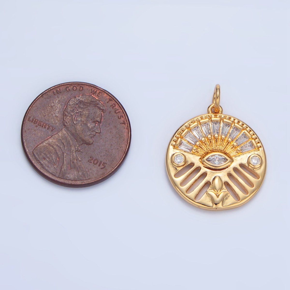 24K Gold Filled Geometric Evil Eye Marquise Baguette CZ Open Bar Round Charm | X803