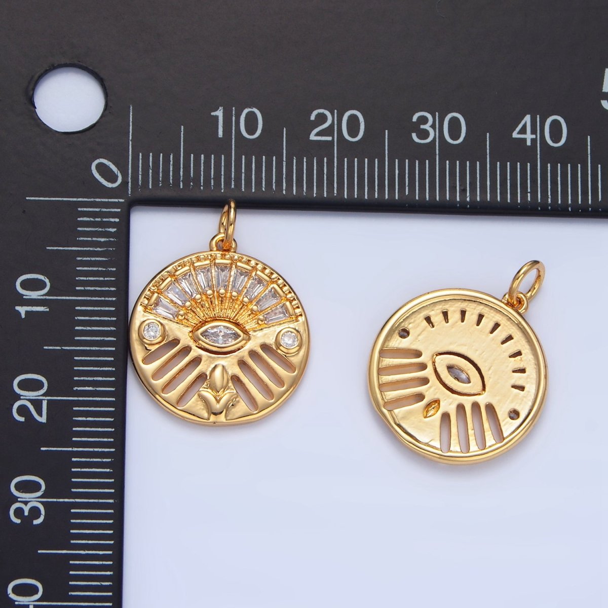 24K Gold Filled Geometric Evil Eye Marquise Baguette CZ Open Bar Round Charm | X803