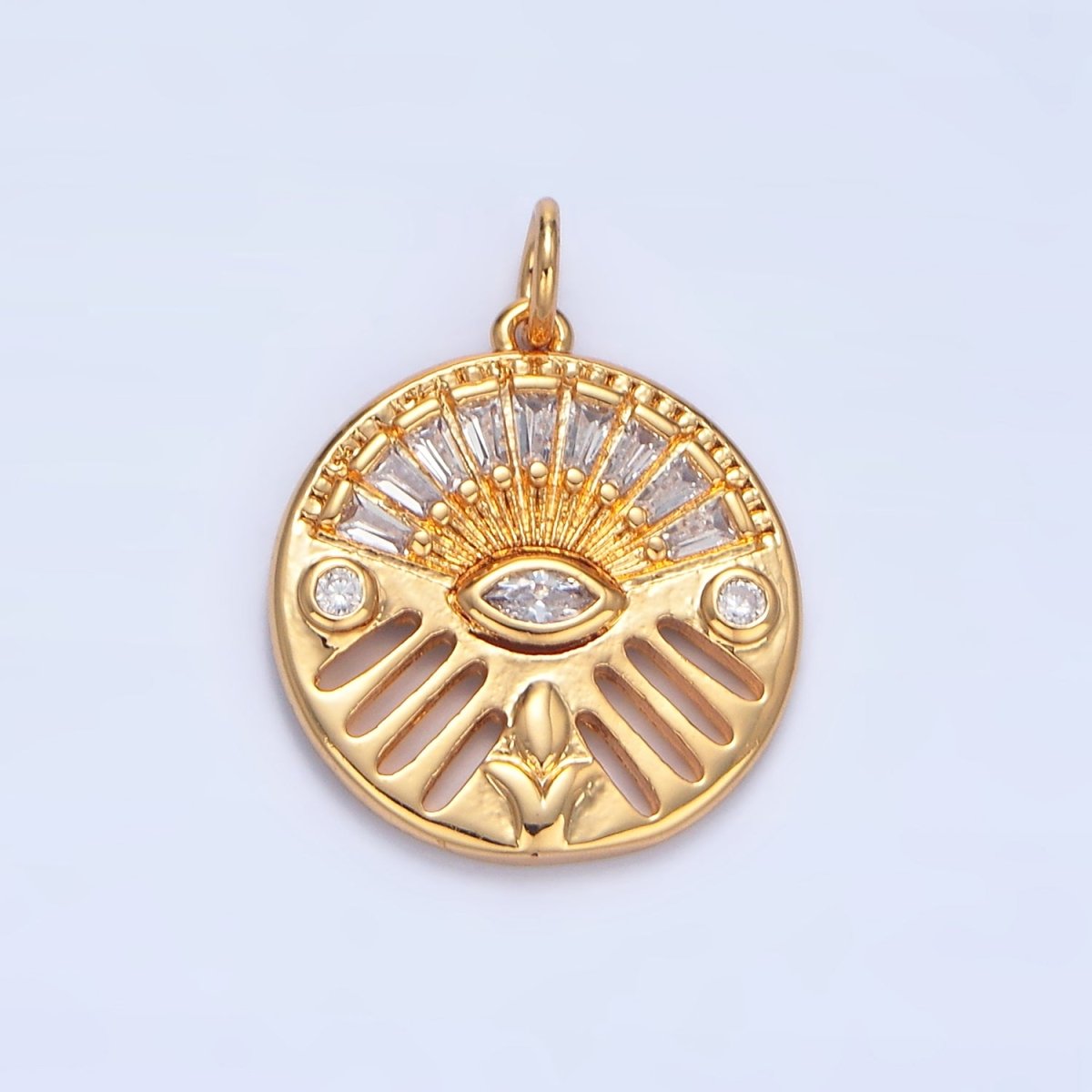 24K Gold Filled Geometric Evil Eye Marquise Baguette CZ Open Bar Round Charm | X803
