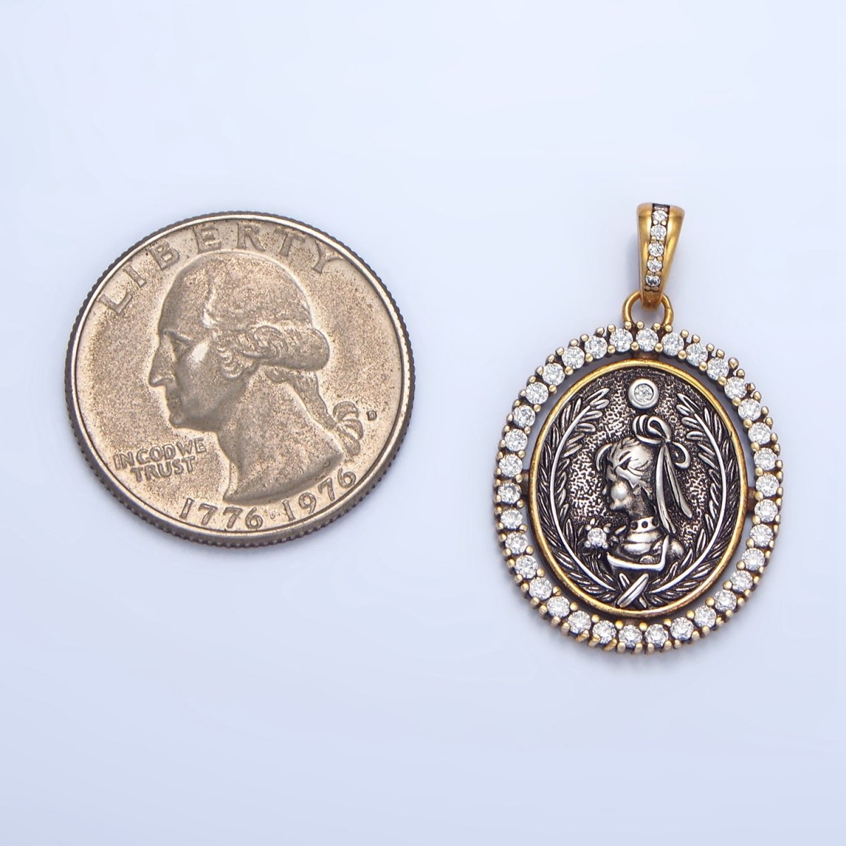 24K Gold Filled Girl Portrait Micro Paved CZ Outline Oval Pendant | AA124