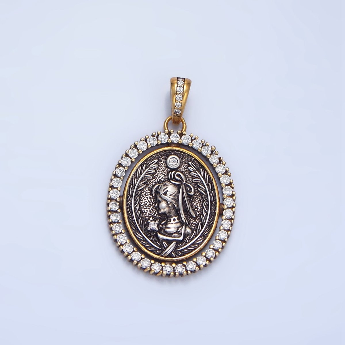 24K Gold Filled Girl Portrait Micro Paved CZ Outline Oval Pendant | AA124