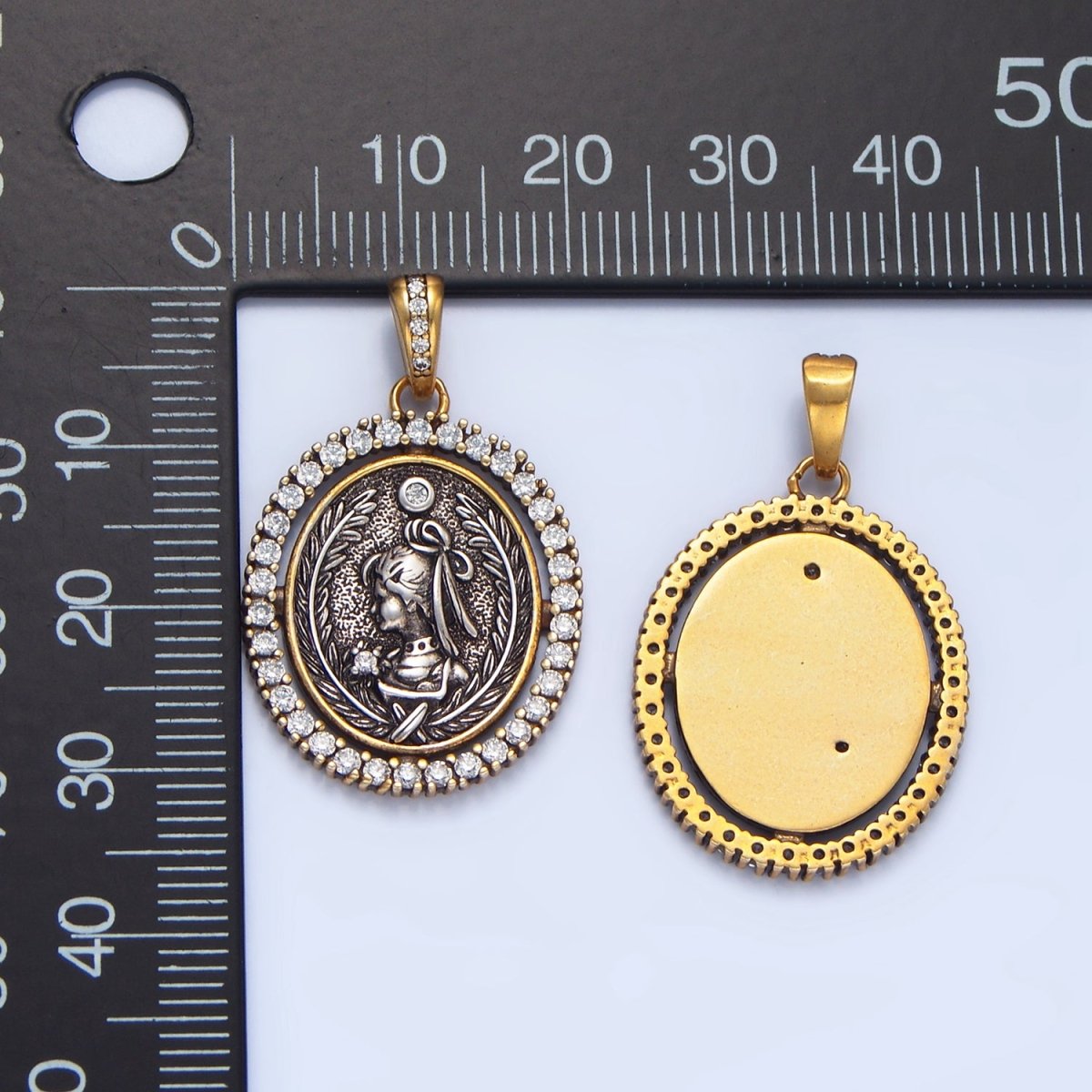 24K Gold Filled Girl Portrait Micro Paved CZ Outline Oval Pendant | AA124