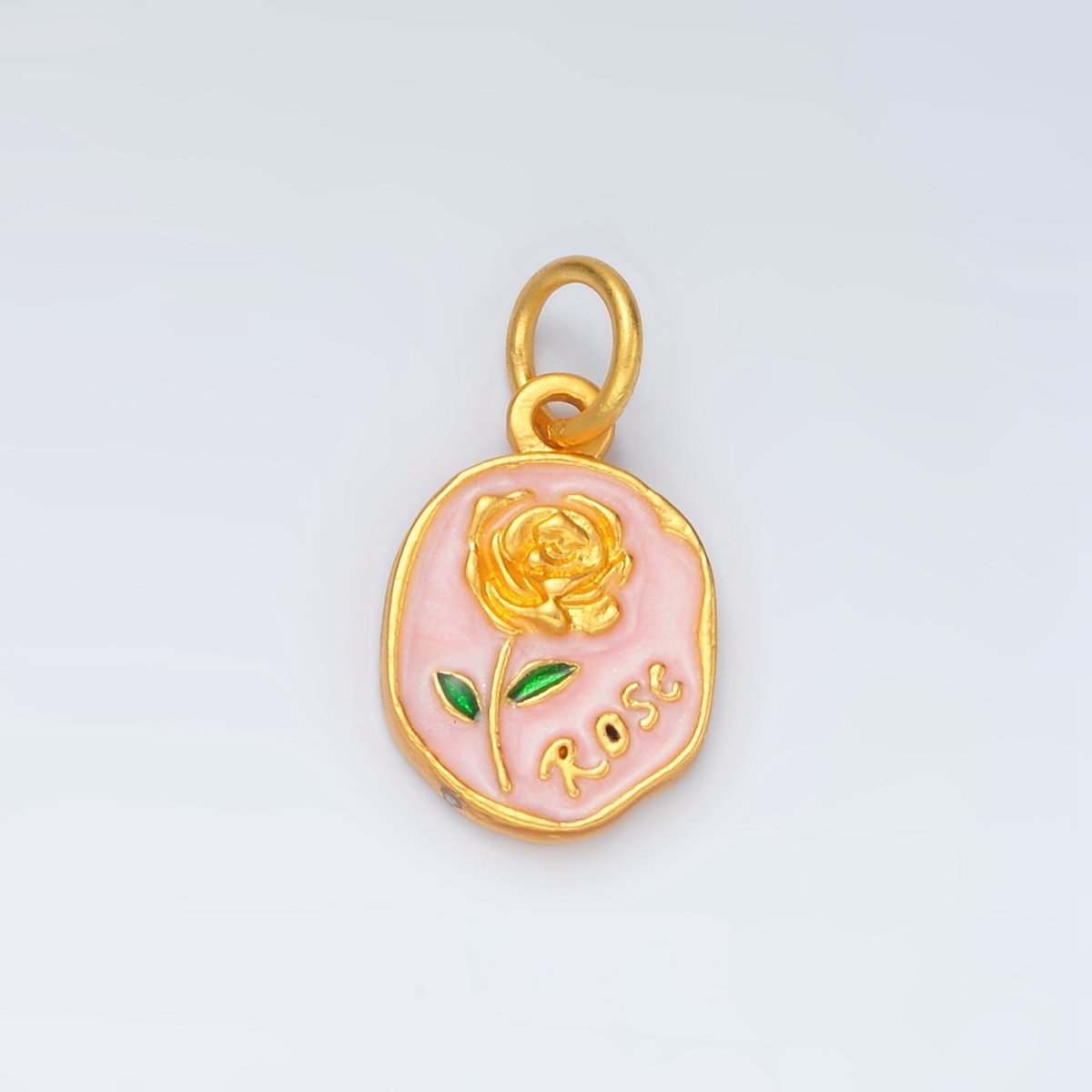 24K Gold Filled Pink Enamel Rose Flower Stamped Oval Charm | M150