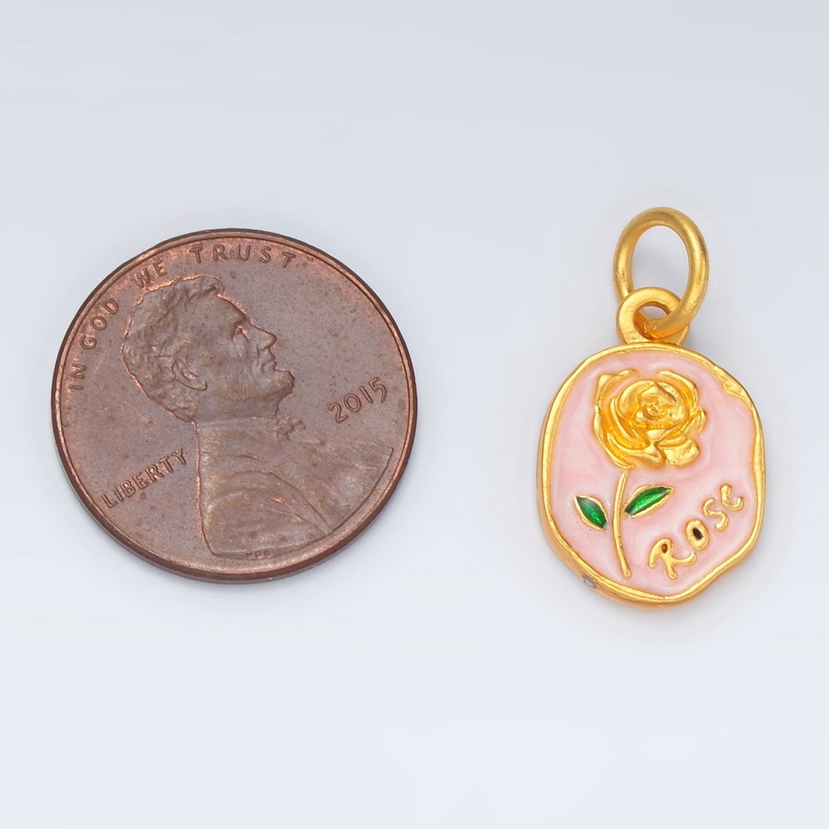 24K Gold Filled Pink Enamel Rose Flower Stamped Oval Charm | M150
