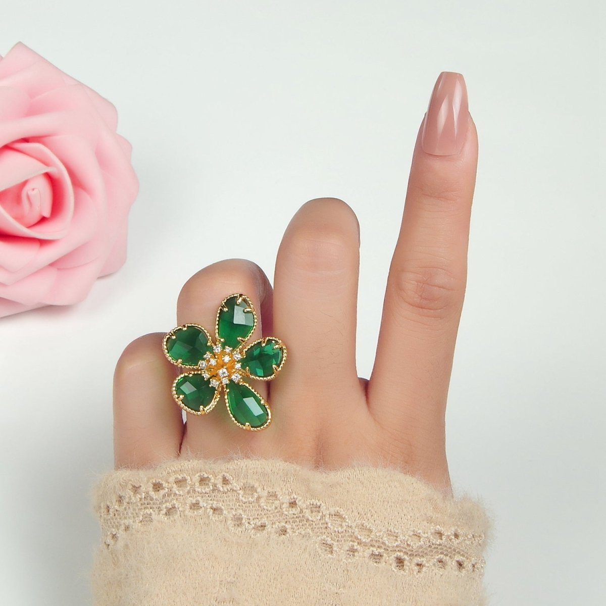 24K Gold Filled Green Acrylic Micro Paved CZ Daisy Flower Ring | O1411