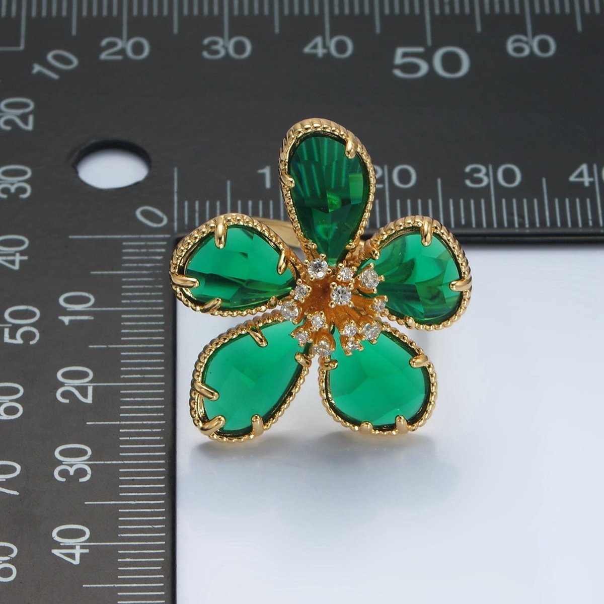 24K Gold Filled Green Acrylic Micro Paved CZ Daisy Flower Ring | O1411