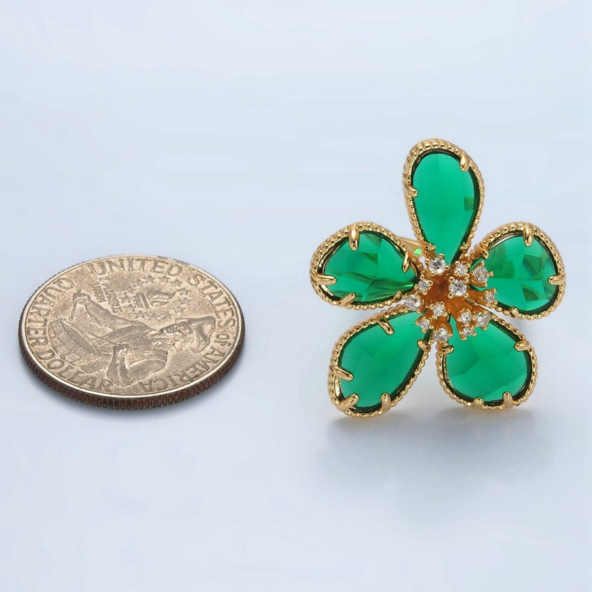 24K Gold Filled Green Acrylic Micro Paved CZ Daisy Flower Ring | O1411