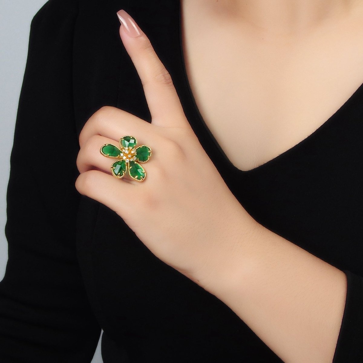 24K Gold Filled Green Acrylic Micro Paved CZ Daisy Flower Ring | O1411
