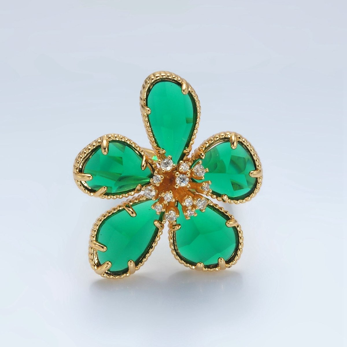 24K Gold Filled Green Acrylic Micro Paved CZ Daisy Flower Ring | O1411