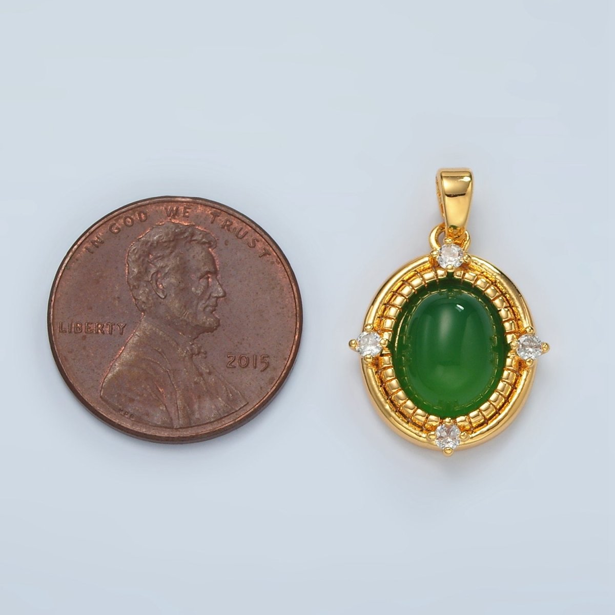 24k Gold Filled Green Aventurine CZ Bezel Oval Pendant | H908