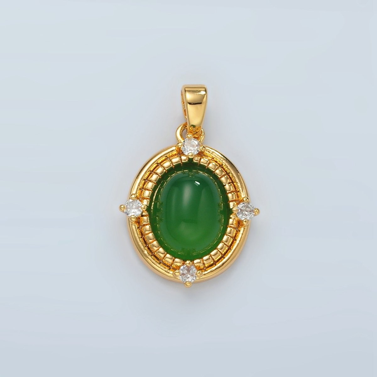 24k Gold Filled Green Aventurine CZ Bezel Oval Pendant | H908