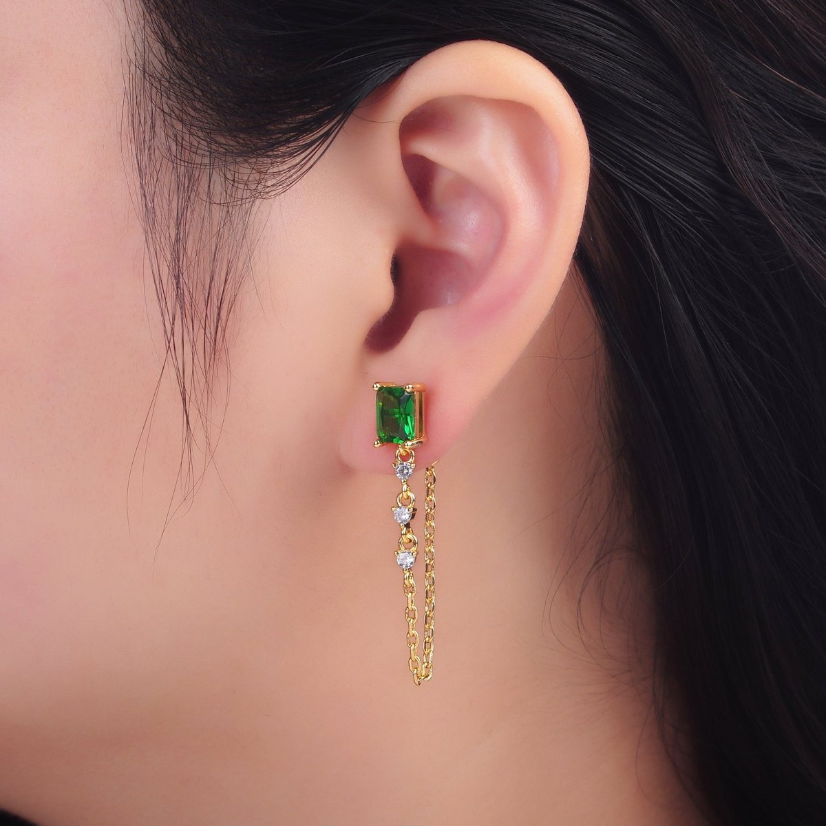 24K Gold Filled Green Baguette CZ Chain Drop Stud Earrings | Q531