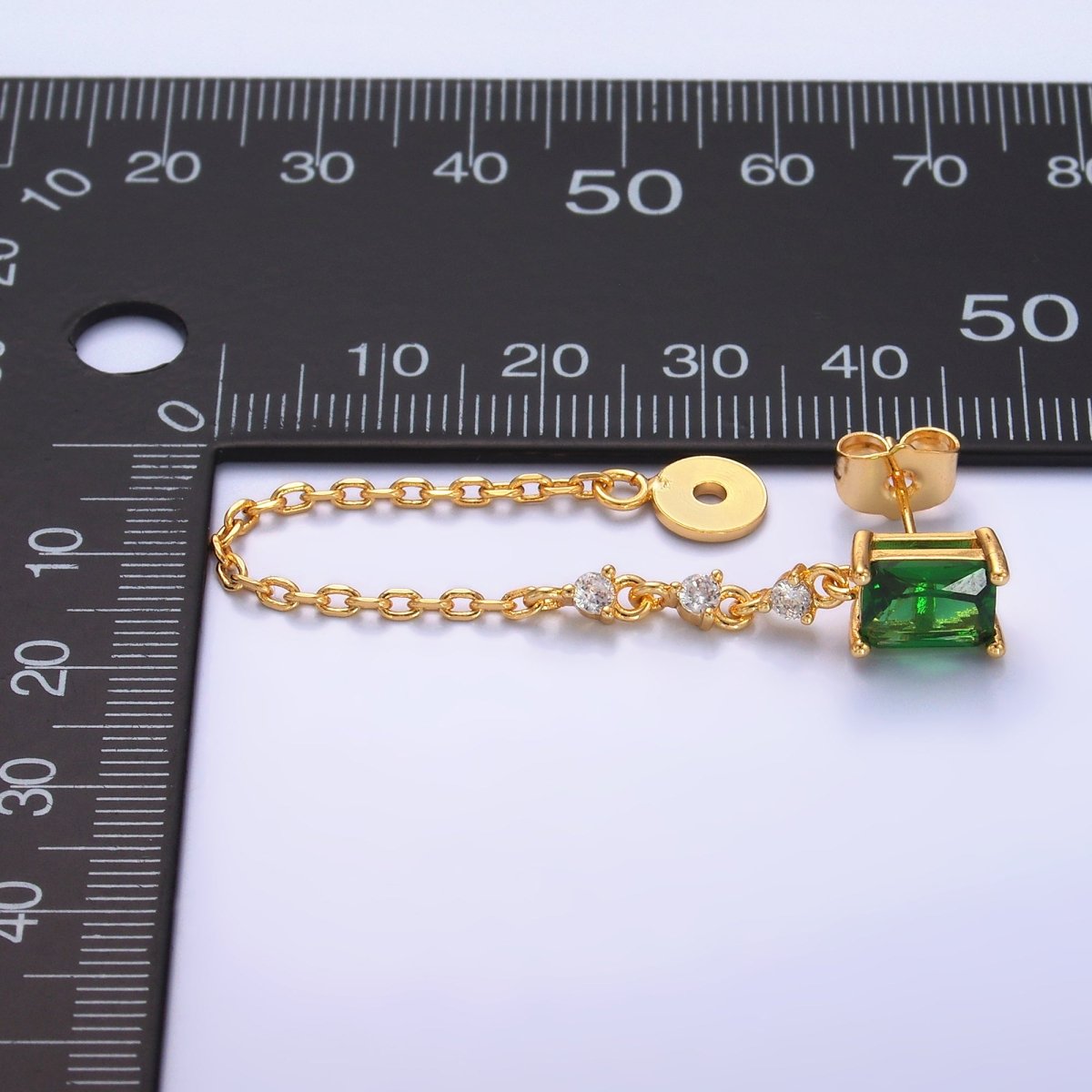 24K Gold Filled Green Baguette CZ Chain Drop Stud Earrings | Q531