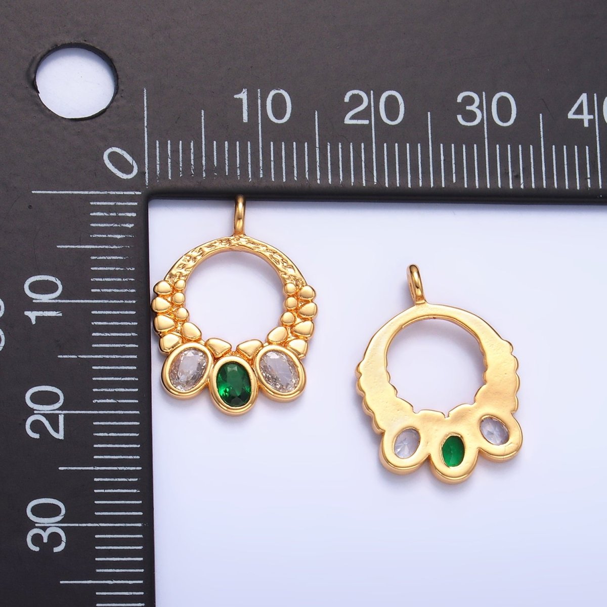 24K Gold Filled Green Clear CZ Dotted Open Circular Charm | W394