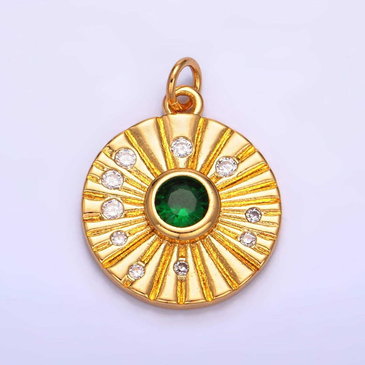 24K Gold Filled Green CZ Dotted Ribbed Round Geometric Charm | W274