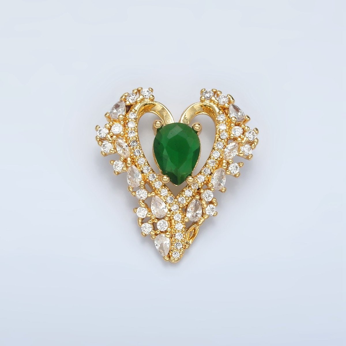 24K Gold Filled Green CZ Micro Paved Back Looped Open Heart Pendant | I267
