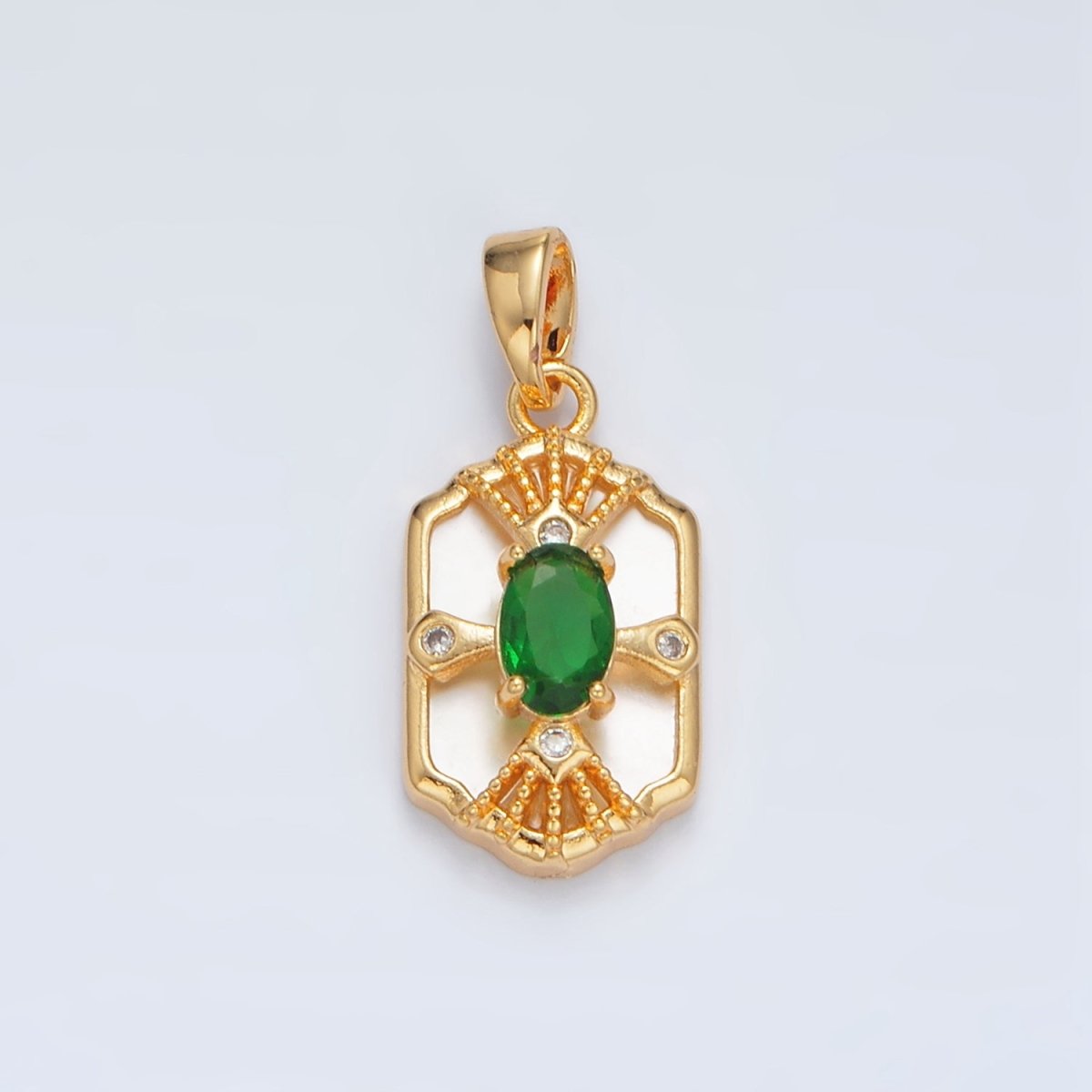 24K Gold Filled Green CZ Shell Pearl Dotted Geometric Bezel Pendant | AA1516