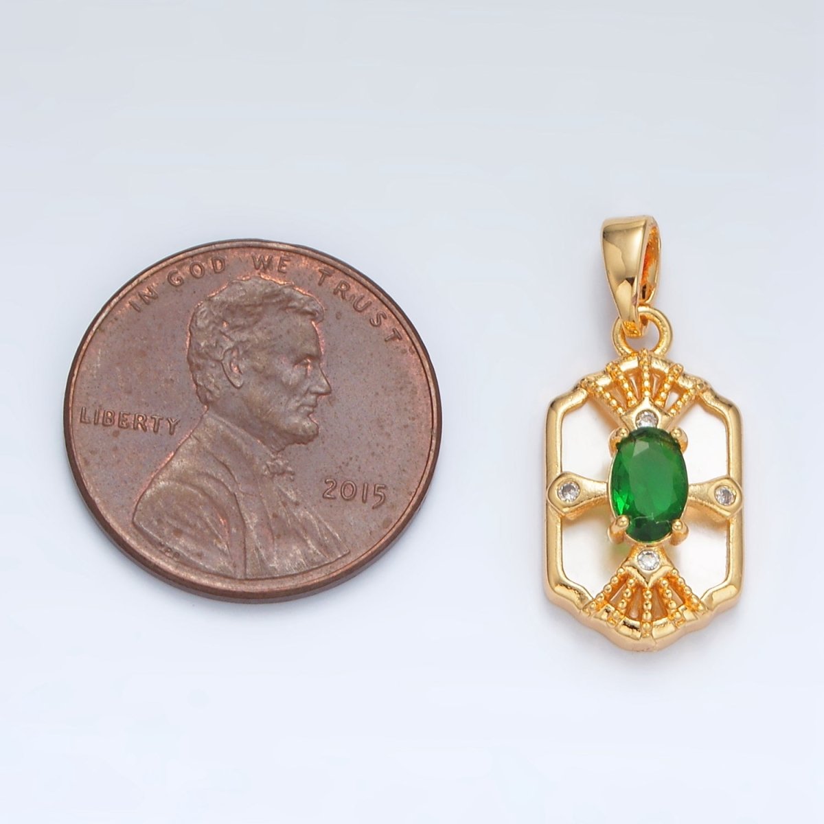 24K Gold Filled Green CZ Shell Pearl Dotted Geometric Bezel Pendant | AA1516