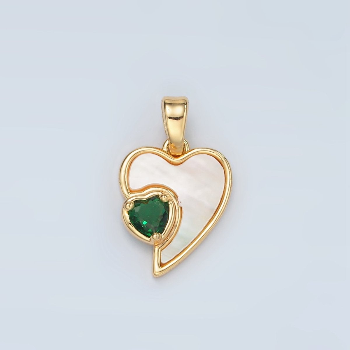 24K Gold Filled Green CZ Shell Pearl Heart Bezel Pendant | H739