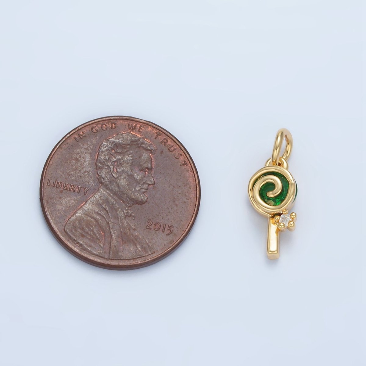 24K Gold Filled Green CZ Sweet Swirl Lollipop Candy Food Charm | X287