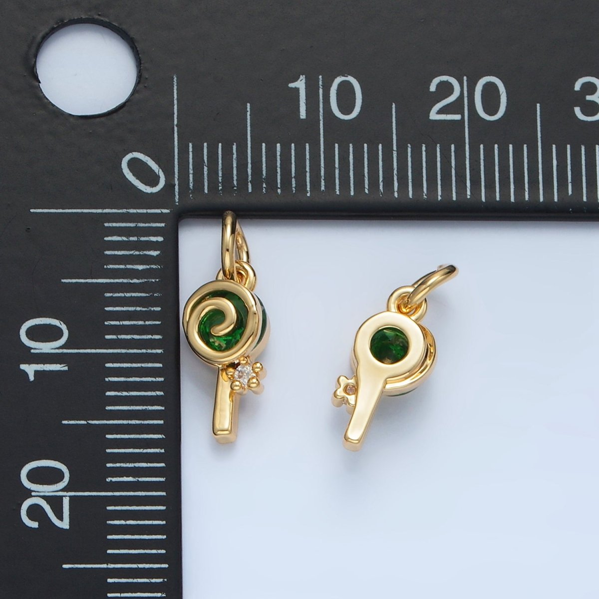 24K Gold Filled Green CZ Sweet Swirl Lollipop Candy Food Charm | X287