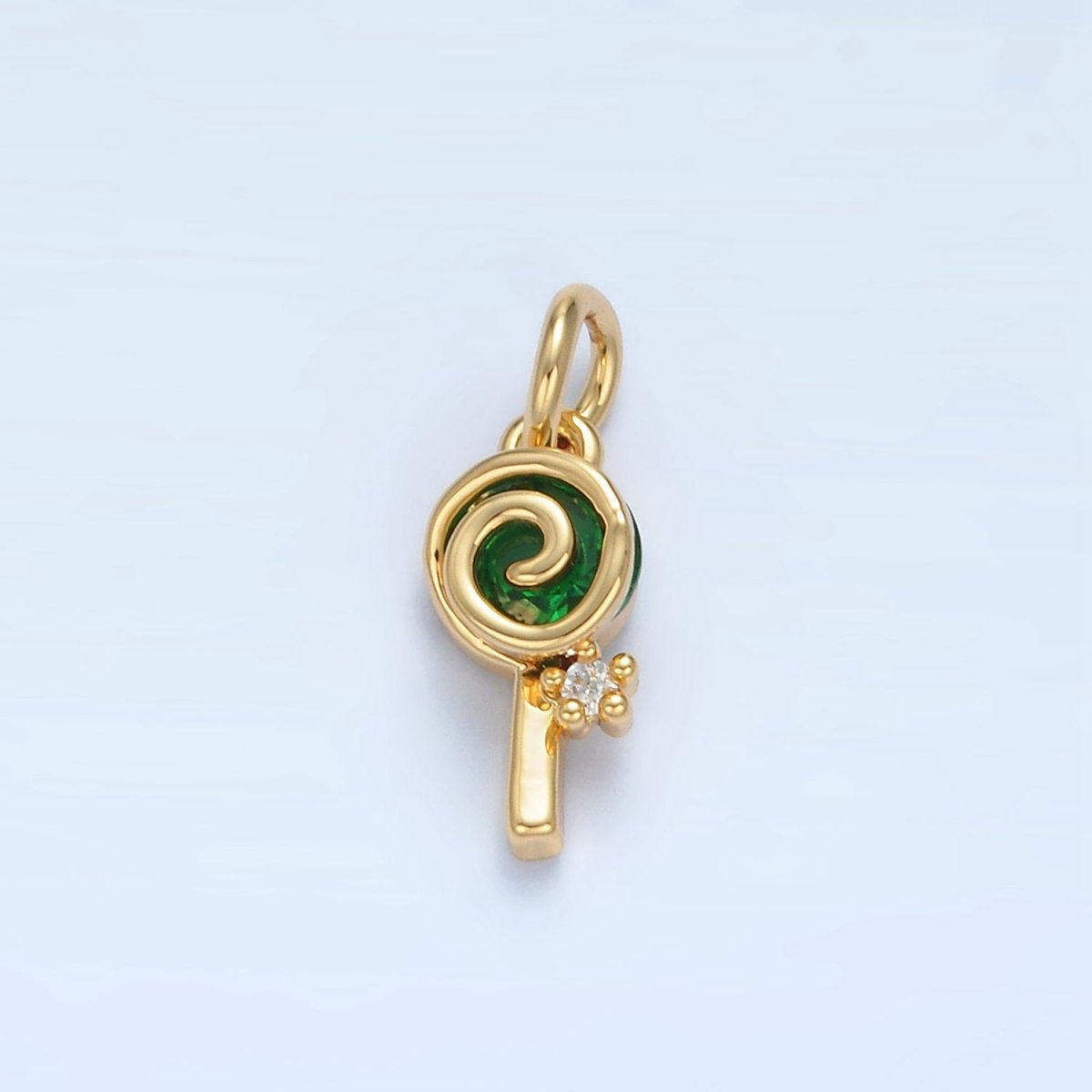 24K Gold Filled Green CZ Sweet Swirl Lollipop Candy Food Charm | X287