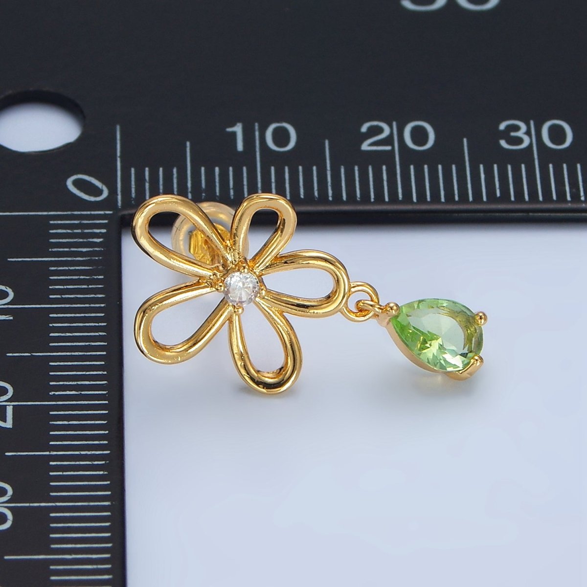 24K Gold Filled Green CZ Teardrop Open Flower Drop Stud Earrings | P166