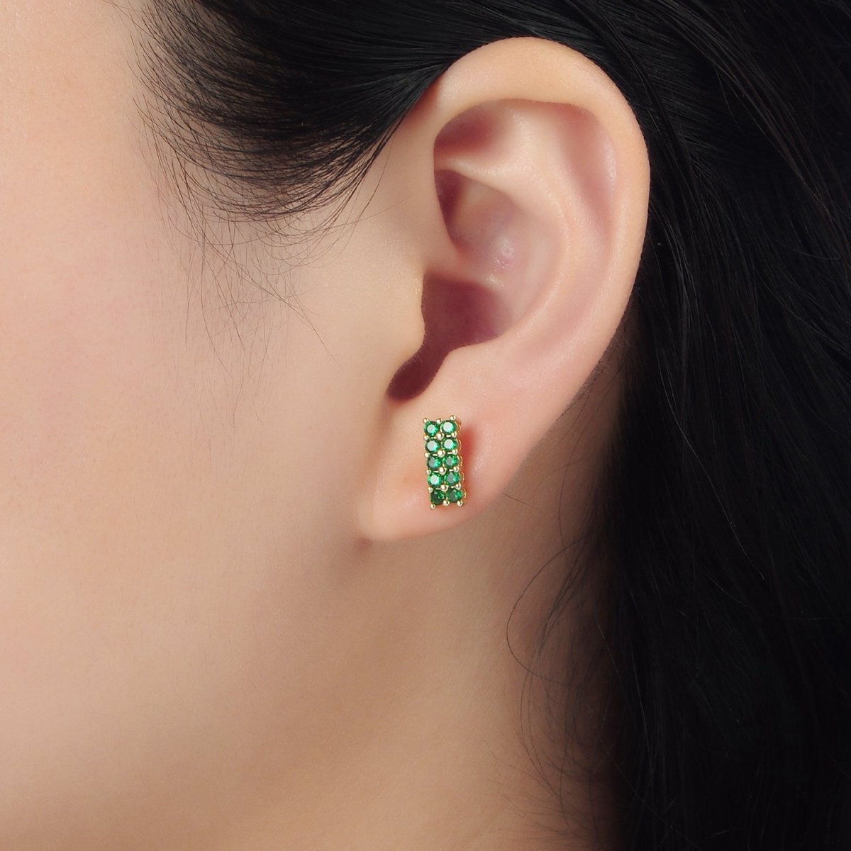 24K Gold Filled Green Micro Paved CZ Bar Band Stud Earrings | AD762