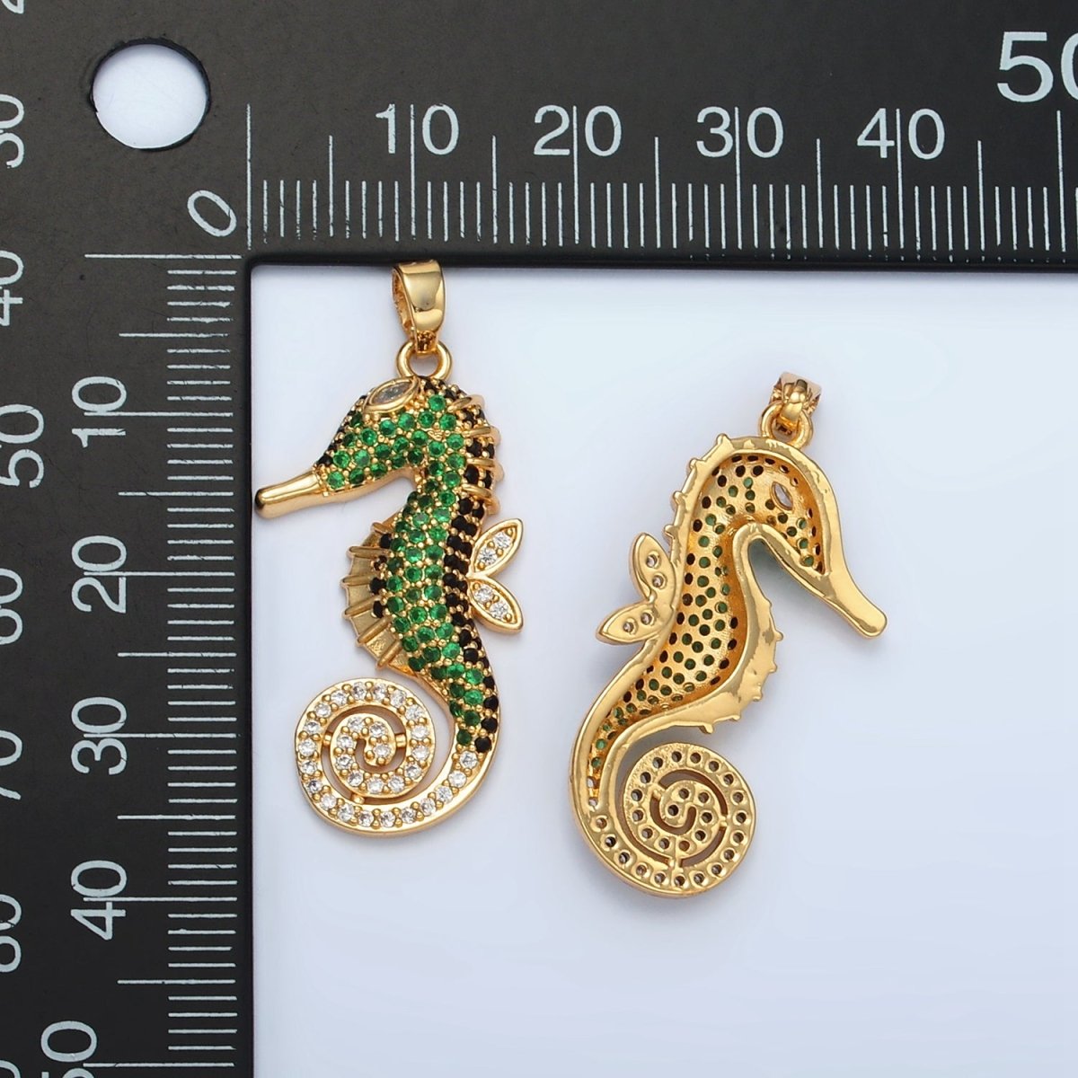 24K Gold Filled Green Micro Paved Sea Horse Ocean Animal Pendant | I288