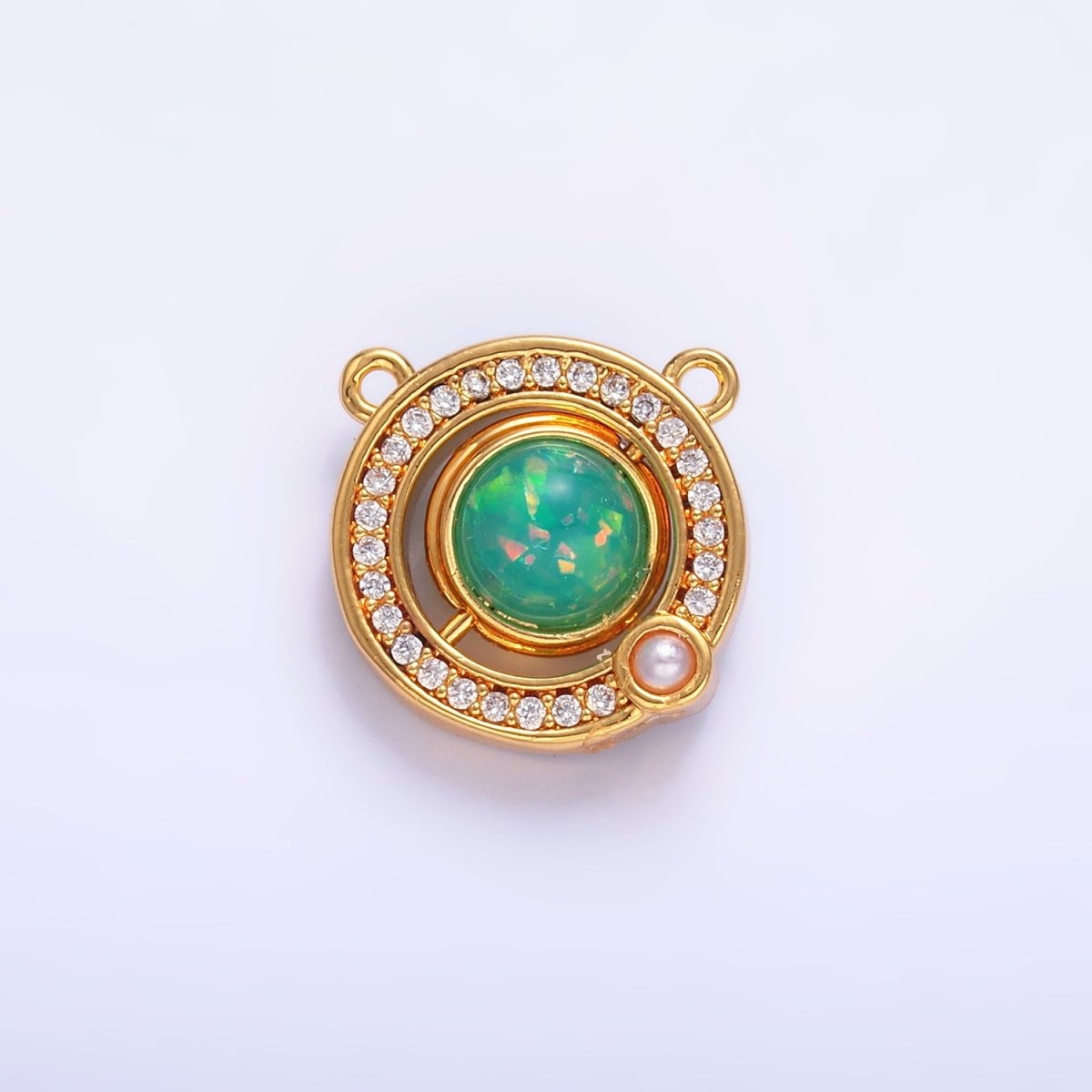 24K Gold Filled Green Opal Pearl Micro Paved CZ Round Connector | Y008
